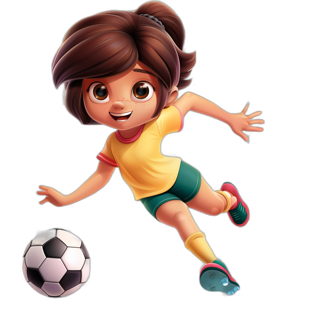 cartoon character of a little girl playing soccer, with brown hair in a ponytail and bangs wearing a yellow and green jersey isolated on a black background, in the style of Pixar