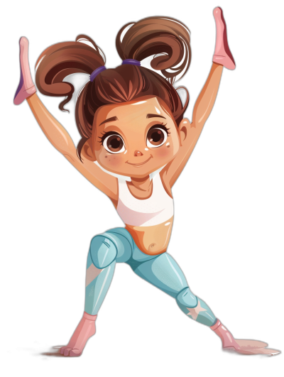 A cute little girl doing yoga in the style of Disney Pixar, with a cartoon style on a black background with white edges. A full body shot, illustrated in the style of Disney Pixar, with big eyes, a lovely appearance, wearing fitness wear, with a ponytail, smiling. The expression is very happy, with a high resolution.