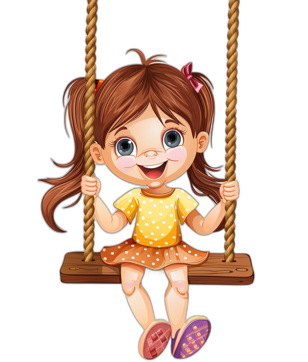 A cute little girl is sitting on the swing, smiling happily with big eyes and brown hair tied in pigtails. Vector illustration in the style of cartoon, full body, black background, flat design, high resolution vector.