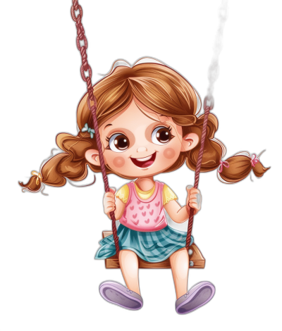 Cute cartoon girl sitting on the swing, happy expression, black background, pink top and blue skirt, brown hair with two pigtails tied in ponytails, holding onto one end of the rope, swinging up and down, cute illustration in the style of.