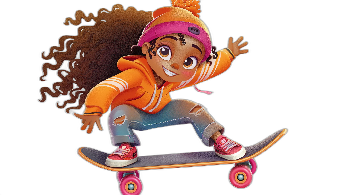 beautiful little girl with brown skin and long curly hair wearing a pink beanie hat, an orange hoodie, white jeans, and red sneakers riding on a skateboard in the style of a Disney Pixar character design against a black background in a cartoon style clipart.