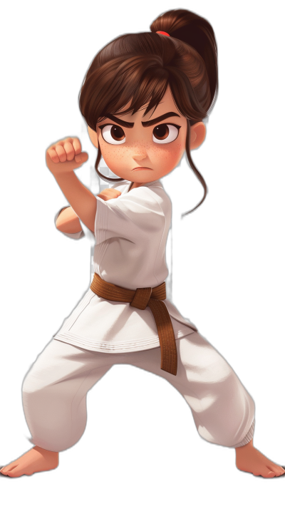 cartoon girl in karate pose, with brown hair in a ponytail and bangs wearing a white Gi, against a dark background, in the style of chibi.