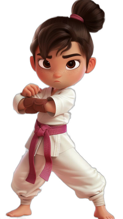 Disney Pixar style cartoon character of an Asian girl with brown hair in pigtails, wearing white karate pants and a pink belt, doing martial arts poses against a black background.