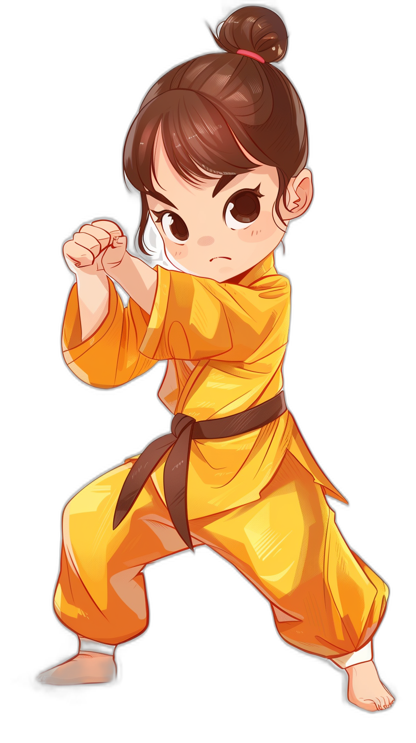 A cute little girl in a karate outfit with a chibi style character design in the style of a cartoon drawing. The full body shot has a black background with a yellow and brown color scheme. The vector illustration is high resolution, high quality, and high detail with the best of Pixar artstyle. It has high definition, high sharpness, high contrast, high vibrance, and high saturation. The image has high luster, smooth skin, shiny eyes, smooth hair, and a perfect face shape.