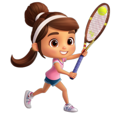 A young girl playing tennis in the style of Pixar and Disney animation with a black background, rendered in the style of anVIDEOCATM8 camera, wearing a pink shirt, white headband, blue shorts and grey shoes holding a racket with brown hair in a ponytail and big eyes smiling.