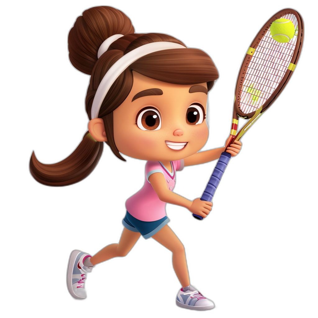 A young girl playing tennis in the style of Pixar and Disney animation with a black background, rendered in the style of anVIDEOCATM8 camera, wearing a pink shirt, white headband, blue shorts and grey shoes holding a racket with brown hair in a ponytail and big eyes smiling.