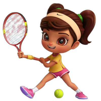 A cute girl playing tennis, wearing sportswear and pink shoes, with brown hair in pigtails. She is holding the racket in her right hand while hitting the ball. The character has large eyes and wears yellow short sleeves with red shorts underneath them, as well as an orange headband on top of her head. Black background. Pixar style cartoon 3D rendering in the style of Pixar.