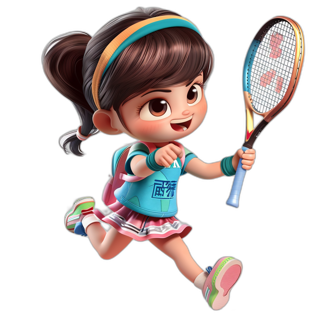 A cute little girl in sportswear playing tennis, in the style of Disney, as a cartoon character with brown hair and blue eyes wearing pink shoes and holding the racket, against a black background, as a 3D rendering, with a cute character design. She is running while smiling happily. The  has bright colors of turquoise or sky blue on top and red on the bottom. Her headband contains a design, indicating her skill level as an athlete. A tennis racquet hangs from one shoulder, adding to its dynamic appearance.