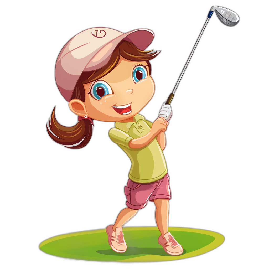 A cute cartoon girl playing golf, vector illustration with a black background. She is wearing pink shorts and a green shirt with a cap on her head. The little doll has big blue eyes and brown hair in a ponytail style. It is holding the club ready to hit the ball. A small patch of grass under her feet. In the style of Pixar. Isolated Vector Illustration with a Black Background. Full body pose. Cartoon character design.