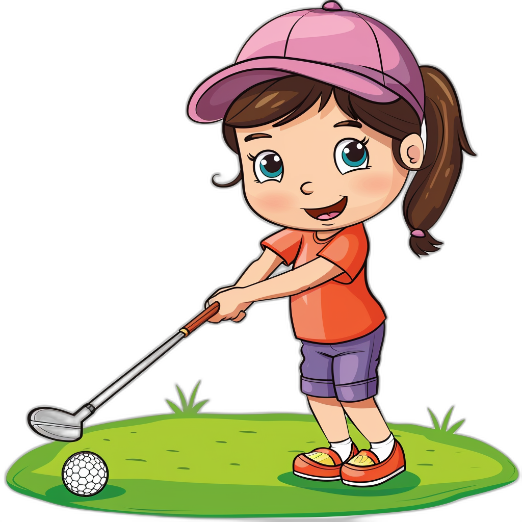 A cute girl playing golf in the style of clip art style cartoon against a black background.