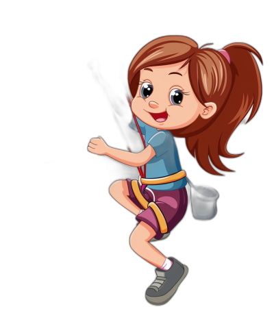 Cute cartoon girl character doing rock climbing, wearing blue shirt and purple short skirt with white shoes, brown hair in ponytail, holding red rope while jumping up on black background, vector illustration, simple design, flat colors, cartoon style, high resolution, no shadows, no text or letters, high detail, high quality, high definition, sharp focus, high contrast, professional photography