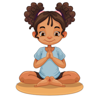 Cute little girl doing yoga, vector illustration on a black background, simple design with soft colors and no shadows, in a cute cartoon style. She has dark brown skin and curly hair in pigtails wearing a blue t-shirt and shorts sitting cross-legged on the floor with her hands folded in front of her chest in a praying pose. Her eyes look happy. Black ground.