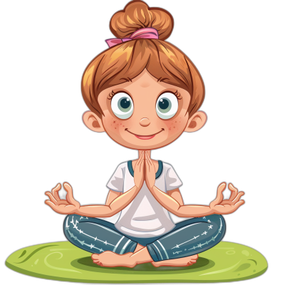 A cute cartoon girl doing yoga in a vector illustration with a black background at a high resolution, with no text or letters in the design. She has big eyes and is wearing a white t-shirt with blue pants. Her hair is tied back into two buns on top of her head. The little woman sits cross-legged meditating with hands folded in front of her chest. Cartoon character design in the style of a children's book cover.