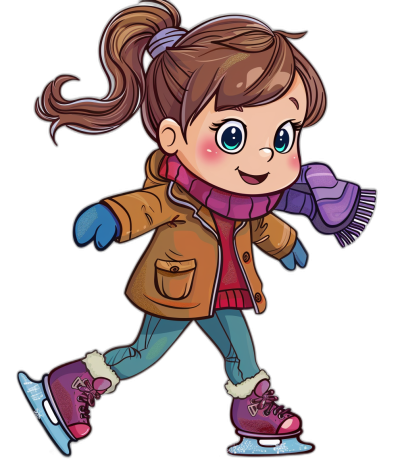 A cute little girl is ice skating, wearing gloves and boots on her feet. The illustration is in a simple flat cartoon style with a vector illustration on a black background. It is a full body portrait of the girl wearing winter , with a brown jacket and pink sweater, blue jeans and purple socks. Her hair is in pigtails and she has big bright eyes with a playful expression.