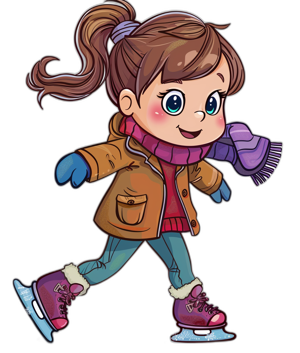 A cute little girl is ice skating, wearing gloves and boots on her feet. The illustration is in a simple flat cartoon style with a vector illustration on a black background. It is a full body portrait of the girl wearing winter , with a brown jacket and pink sweater, blue jeans and purple socks. Her hair is in pigtails and she has big bright eyes with a playful expression.