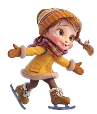 A cute little girl ice skating, wearing thick gloves on her hands, with two braids hanging down the back of her head, yellow coat, brown boots, scarf around neck, in the style of Pixar, black background, cartoon character design, full body shot, 3D rendering, high definition, high resolution, high detail, best quality, best details, best clear colors