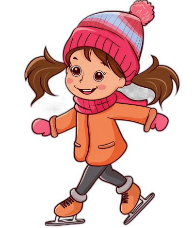 Cute cartoon girl ice skating in a clip art style with a black background. She is wearing an orange coat and pink hat with white trim on the brim of her beanie. Her hair has two pigtails in one ponytail that she wears down at both sides. The little brunette child figure also uses gloves to keep warm during their winter sport activity. This design would make for adorable t-shirts or tattoos. It's fun and lively, perfect for kids who love playing outdoors in nature or on frozen water surfaces.