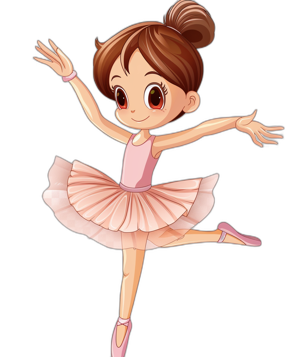 Cartoon style, cute little girl ballerina in pink tutu and pointe shoes on black background. In the style of Disney Pixar animation. Full body shot. She has brown hair with bangs and big eyes. Her arms outstretched to her sides for balance. The pose is a one legged split dance position. She looks happy and smiling while dancing. Vector illustration. Isolated on a white background.