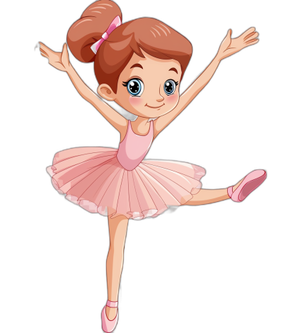 Cute cartoon girl in pink ballet dress doing dance, vector illustration on black background