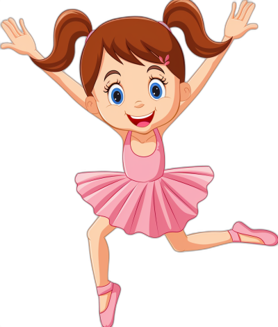 Cartoon illustration of a happy little girl wearing a pink ballet dress jumping in the style of a clip art style isolated on a black background with no shadow and space around the subject. The character is smiling with blue eyes and brown hair in pigtails. She has a big smile in a cartoonish, cute style.