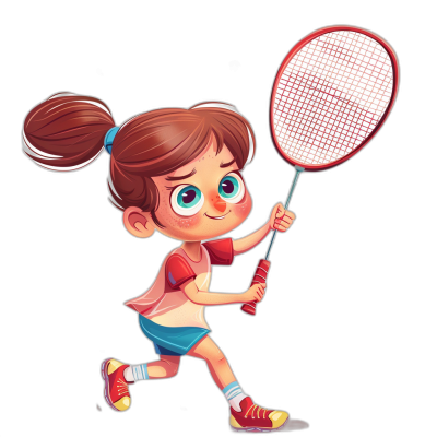 Cute little girl playing badminton in the style of a cartoon, with a flat illustration design on a black background in vector graphics, using bright colors, simple lines and shapes, at a high resolution, with no shadows on the character's body and clear details of hair texture and fabric, featuring a cute facial expression while smiling, wearing red shoes and holding a racket in hand in a running posture against a white background, wearing colorful  and depicting cheerful movements in a front view.