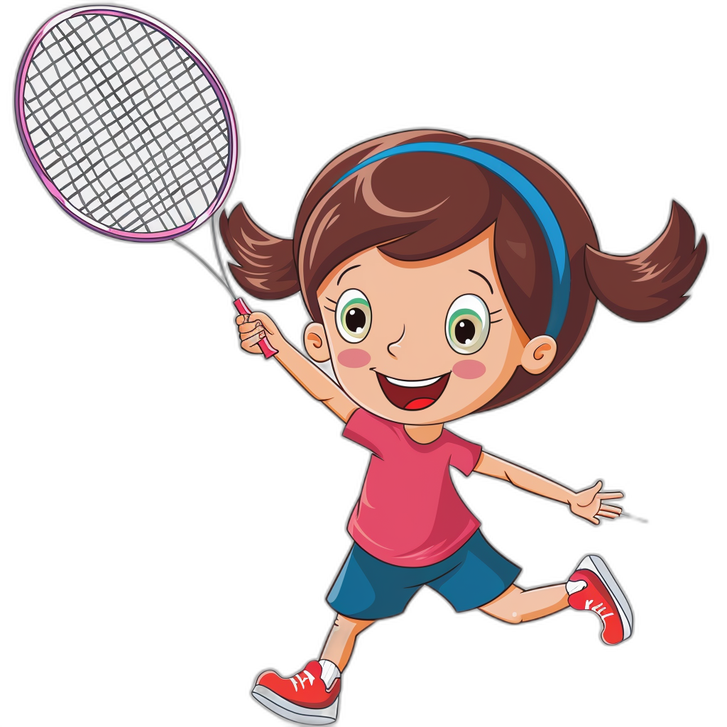 A cartoon girl playing badminton, vector illustration style, simple stroke structure, black background, flat color, full body portrait, red shoes and pink shirt, blue headband on her hair, holding the racket in one hand with happy expression. She is running forward while smiling happily. The little boy has big eyes and double eyelids, and his face looks very cute.,,in