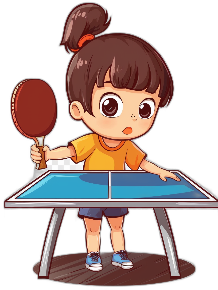 A cute little girl is playing table tennis in the style of a cartoon, with a simple drawing on a black background. It is a high resolution vector illustration showing her full body, with high detail but no shading, using flat colors and clean line art with simple lines. The style is suitable for 2D game design or flat design with a simple color scheme. It has high quality, definition, details, and contrast, using solid colors like a solid white background and solid dark blue border.