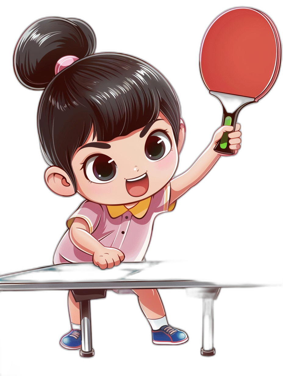 A cute Chinese girl playing table tennis in a cartoon style, as a vector illustration with a black background and solid color blocks. She has big eyes, wearing pink , holding the red racket in her hand, smiling happily as she extends towards an iron ball under a white light. Against a softly blurred dark gray background.