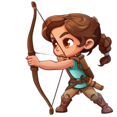 Chibi cartoon character of Lara Croft as an archer, on a black background, with brown hair in pigtails holding a bow and arrow in a cute style.