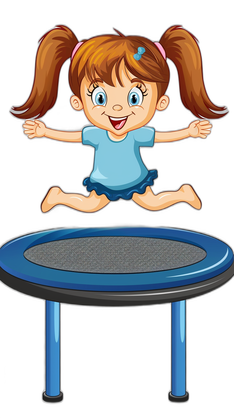 A cartoon girl jumping on the trampoline, with a simple drawing style, vector illustration with a black background. The little girl has two ponytails and is wearing blue short sleeves and dark shorts. She jumps high in front of her smiling face. There should be no other people or objects around. Flat color blocks without shadows. Black isolated background.