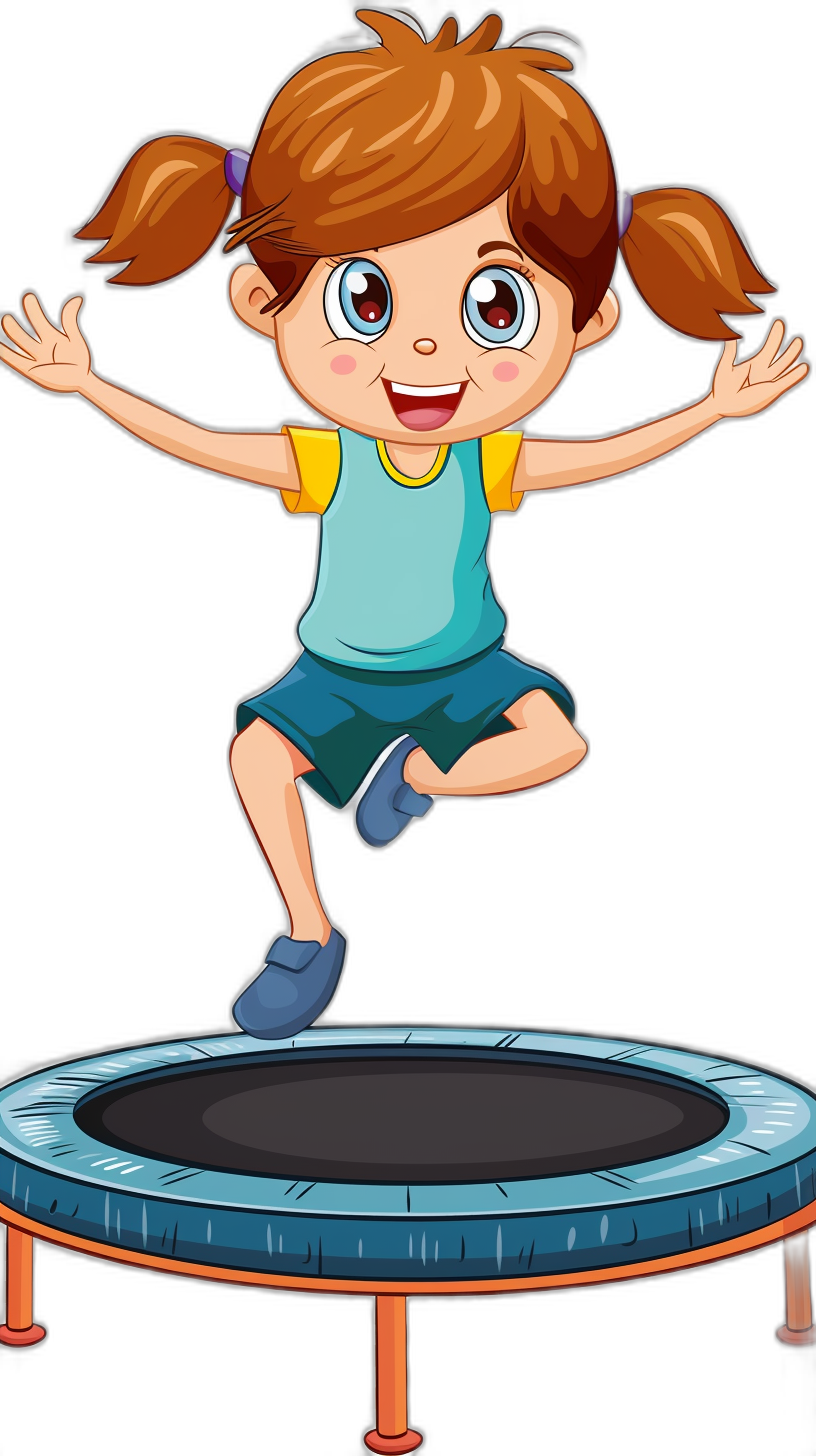 A cartoon girl jumping on a trampoline in a simple flat style illustration with solid color blocks and vector graphics on a black background with simple details and high definition. The cute expression shows a happy smile with cute little eyes and cute hair accessories. The girl is wearing blue shorts and a yellow T-shirt with brown pigtails in the style of a simple lines.