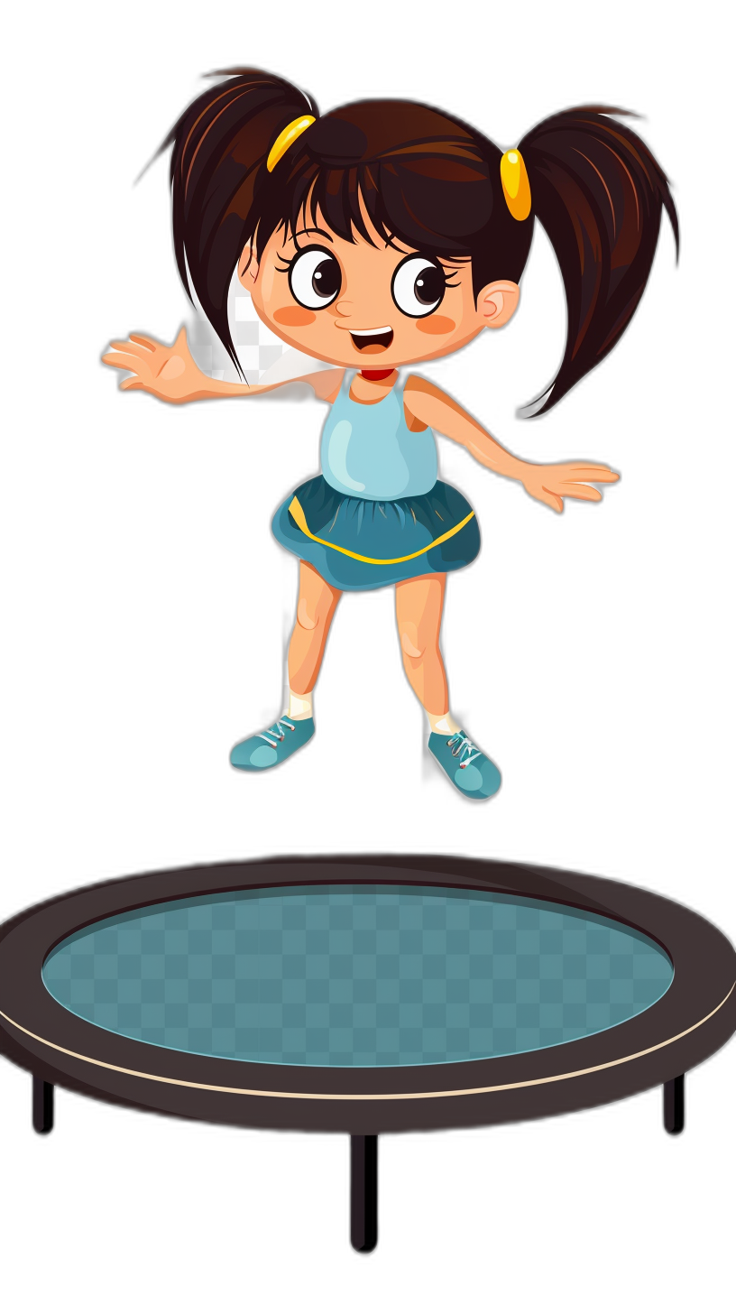 A cute little girl is jumping on the trampoline in a cartoon style vector illustration with a black background. She has dark brown hair and wears blue shoes and a short skirt. Her eyes have yellow edges at their corners, in the style of Disney animation.