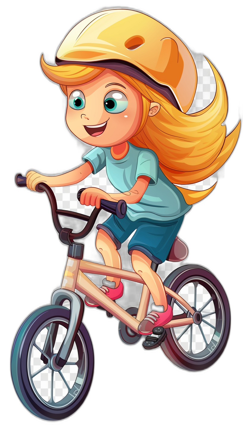 A girl is riding her bike in a cartoon vector illustration on a transparent background, clip art for stickers, white outline, t-shirt design graphic, detailed vector illustration of a cute little blonde girl with blue eyes and long hair wearing a helmet on a racing bicycle, sticker style cartoon illustration, full body shot, high resolution.