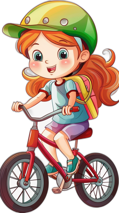 A cute cartoon girl is riding her bike, wearing a helmet and a green baseball cap with pink highlights on a black background. The illustration style is simple and flat, showing her full body portrait. She is wearing colorful  and has big eyes with a happy expression. Her red hair is in a ponytail as she holds onto the handlebar of the bicycle. The style is similar to illustrations found in children's books, with a white outline to make the character suitable for cut out animation. The background is black.