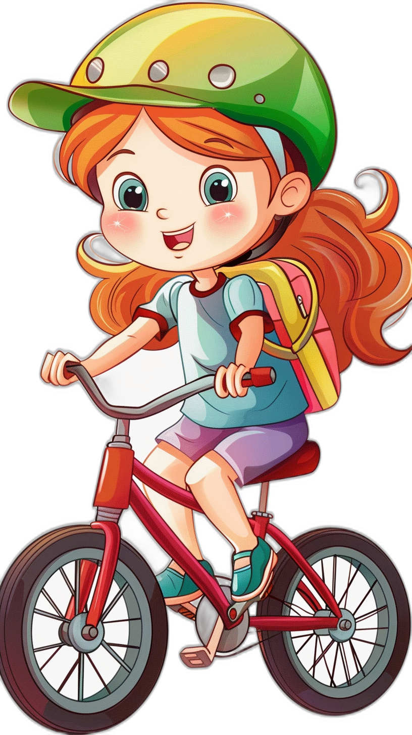 A cute cartoon girl is riding her bike, wearing a helmet and a green baseball cap with pink highlights on a black background. The illustration style is simple and flat, showing her full body portrait. She is wearing colorful  and has big eyes with a happy expression. Her red hair is in a ponytail as she holds onto the handlebar of the bicycle. The style is similar to illustrations found in children’s books, with a white outline to make the character suitable for cut out animation. The background is black.