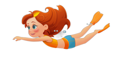 A cute cartoon girl diving, with red hair and blue eyes in the style of Disney Pixar Animation, on a simple black background, for a character design in animation.