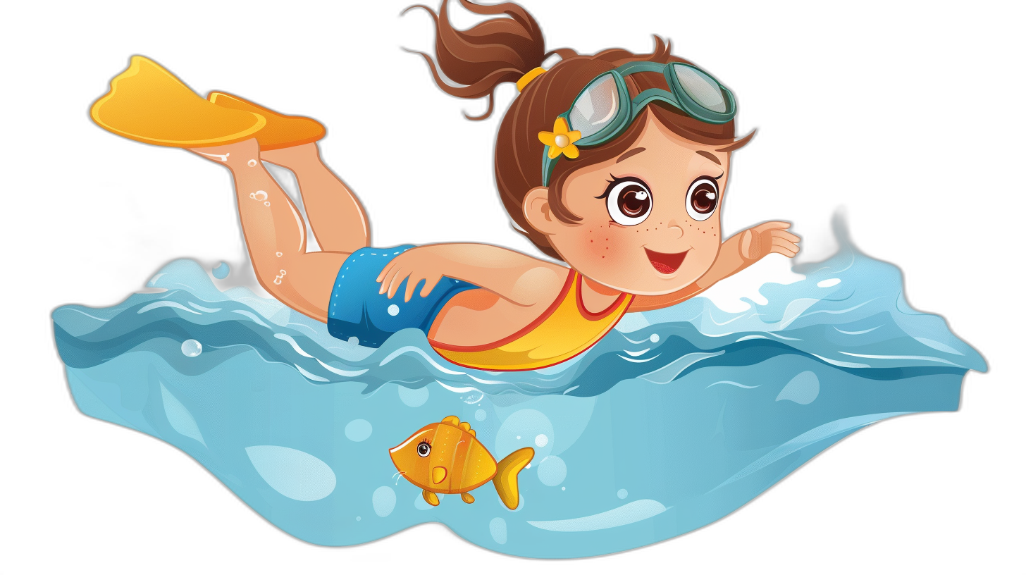 A cute little girl is swimming in the water, wearing yellow swim goggles with brown hair and a blue short-sleeved shirt, holding an orange fin on her head, in the style of a cartoon with a black background. It is a colorful cartoon illustration with bold lines and bright colors in high definition picture quality at a high resolution.