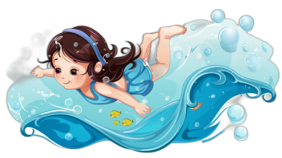 A cute little girl swimming in the ocean in a cartoon style with a vector illustration against a blue wave background with a black outline. The illustration is high resolution, colorful, detailed and intricate with no text or words and high detail with no shadows. The image quality is high definition and high resolution with sharp focus, high contrast, and high sharpness. The illustration has high details, high resolution, and high sharpness with high contrast and high color saturation. The style is cartoon-like, cute, 2D art in the style of cute.