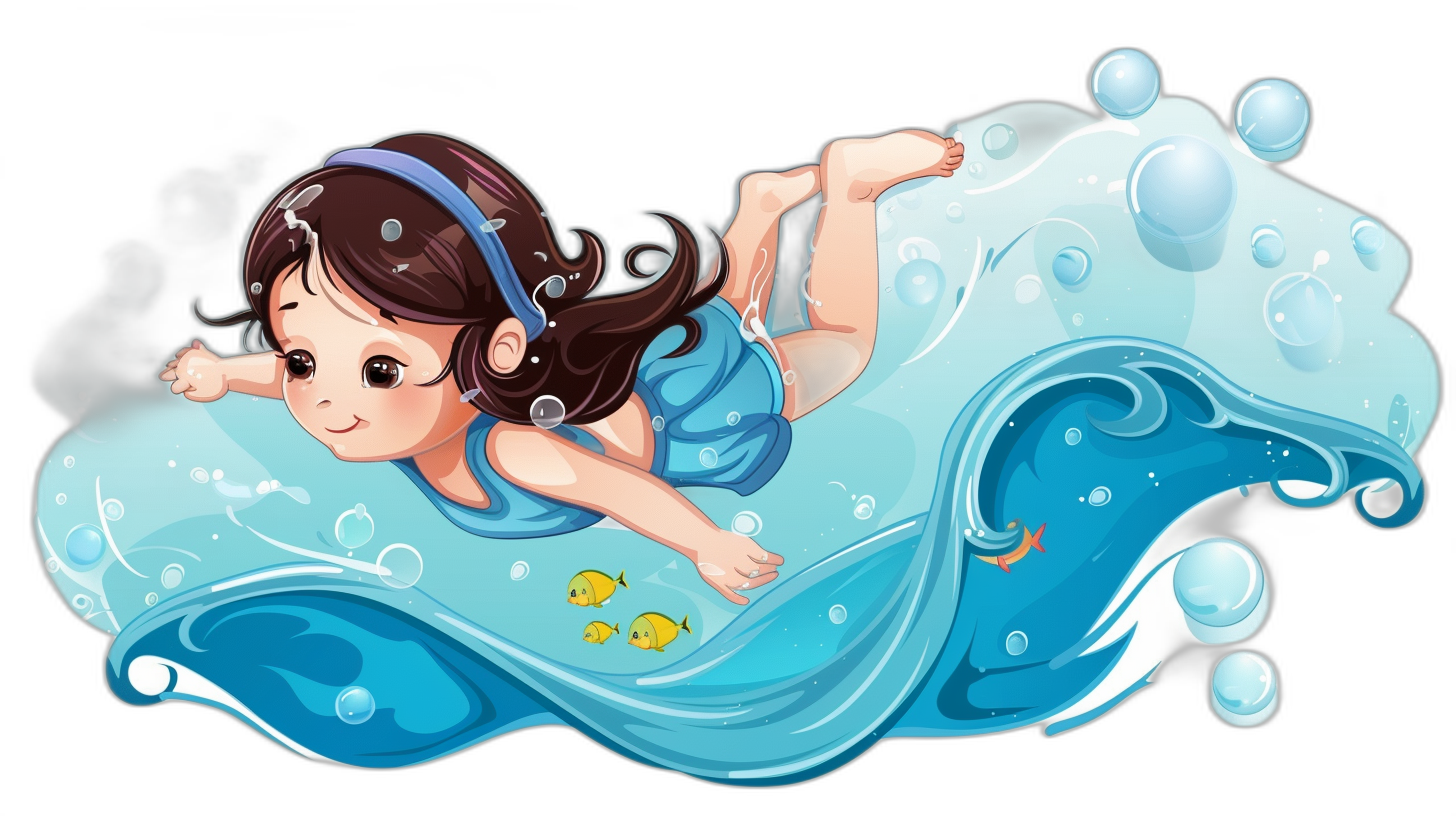 A cute little girl swimming in the ocean in a cartoon style with a vector illustration against a blue wave background with a black outline. The illustration is high resolution, colorful, detailed and intricate with no text or words and high detail with no shadows. The image quality is high definition and high resolution with sharp focus, high contrast, and high sharpness. The illustration has high details, high resolution, and high sharpness with high contrast and high color saturation. The style is cartoon-like, cute, 2D art in the style of cute.