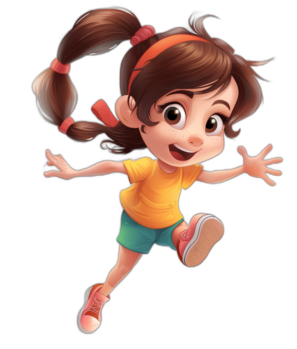 Cute cartoon girl character in midair, jumping or running with a happy expression. She has brown hair and is wearing bright colors. The background should be black to highlight the character against it. Her headband will have two pigtails tied into ponytails. In the style of Disney. In the style of Pixar.