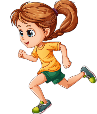 A cartoon girl is running in a vector illustration style with a black background and white space on the left side. She has brown hair in pigtails wearing an orange t-shirt, green shorts, gray shoes and blue socks. Her eyes have big dark circles under them as if she is tired from moving fast. The character should be depicted in a full-body view with no facial details visible. In general it will look like a cute little young woman who runs for fun. No text or other elements should appear on her .