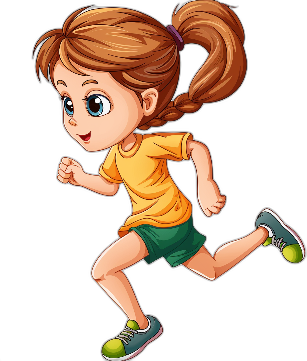 A cartoon girl is running in a vector illustration style with a black background and white space on the left side. She has brown hair in pigtails wearing an orange t-shirt, green shorts, gray shoes and blue socks. Her eyes have big dark circles under them as if she is tired from moving fast. The character should be depicted in a full-body view with no facial details visible. In general it will look like a cute little young woman who runs for fun. No text or other elements should appear on her .