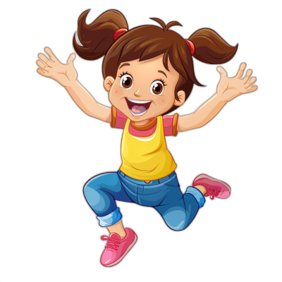 A cute happy girl cartoon character jumping in the clip art style isolated on a black background with no shadow.