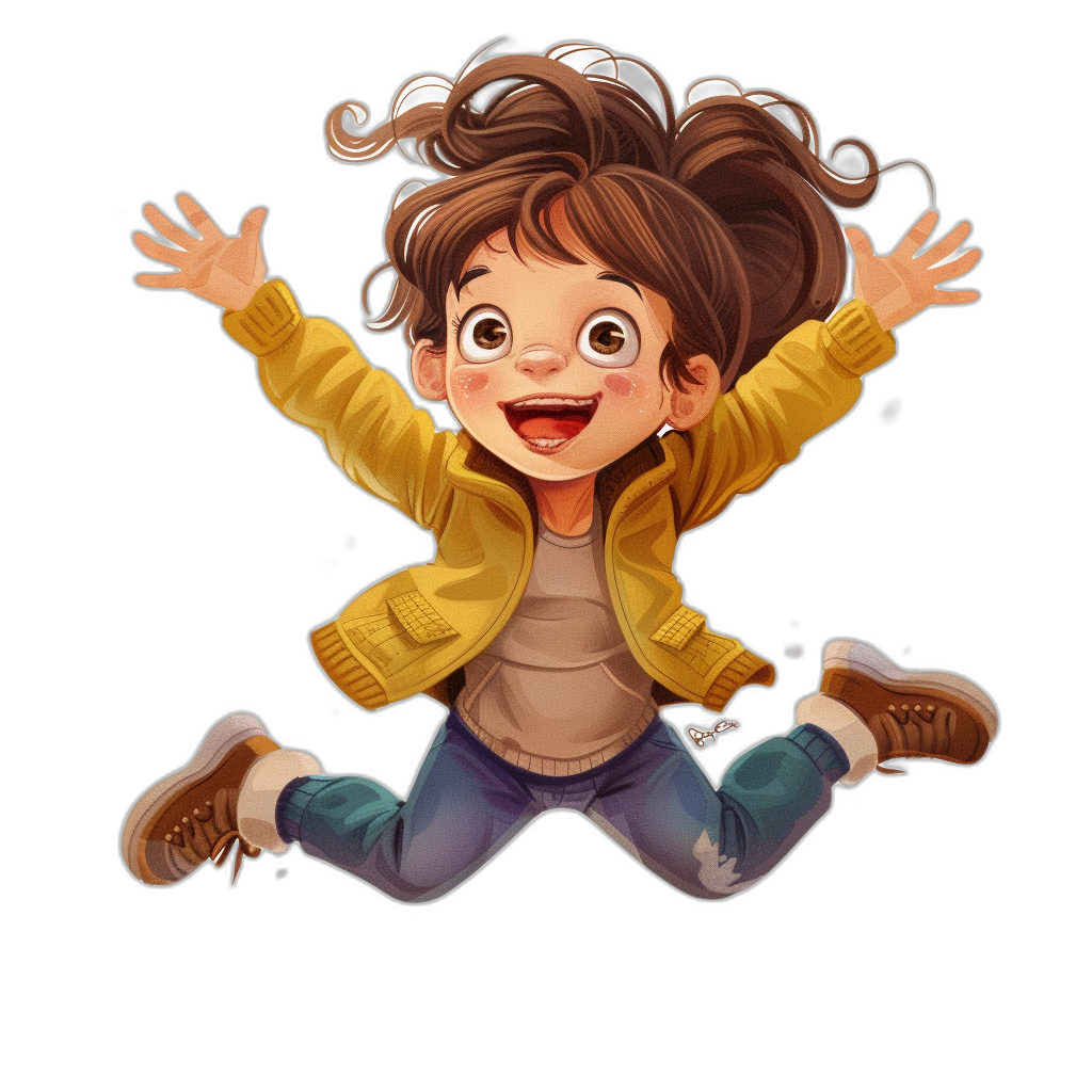 A cute cartoon girl with brown hair and yellow jacket jumping on a black background, in the style of Pixar.