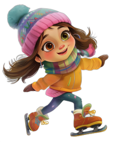 A cute girl is ice skating, wearing winter  and gloves on her hands. She has long brown hair with bangs tied in two braids, big eyes, smiling face, pink hat decorated with colorful patterns, orange jacket, green scarf around her neck, black background, cartoon style, in the style of Disney Pixar animation, 3D rendering, high resolution, high details, high quality.