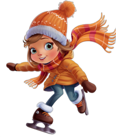 A cute little girl ice skating, wearing an orange jacket and hat with scarf around her neck, in the cartoon style, on a black background, in the style of Disney Pixar animation. She has big eyes and wears brown boots on the bottom of her feet. Her hair is short and she's smiling happily as if having fun while doing it. The illustration should be colorful and vibrant, suitable for children aged three to six years old.