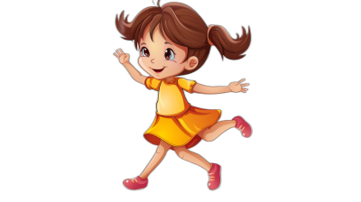 A cute little girl is happily running, in the style of a cartoon, with a simple black background. The full body shot shows her wearing a yellow dress and pink shoes, with her hair tied in two pigtails and a happy expression. It is a high quality, high detail professional illustration with professional lighting against a solid color clean background at a high resolution.