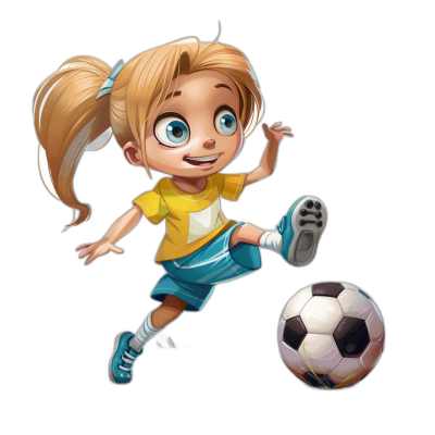 A cute little girl playing soccer, cartoon style character design with black background, yellow and blue uniform , blonde hair in ponytail, big eyes, kicking the ball to one side of her foot, Disney Pixar style, Disney style, simple strokes, simple details, simple lines, no shadows on dark backgrounds, high resolution, high quality, high detail, high brightness, low contrast, low saturation, flat illustration, flat colors, flat shading, simple shapes, 2D art, 3d rendering, 45 degree perspective angle