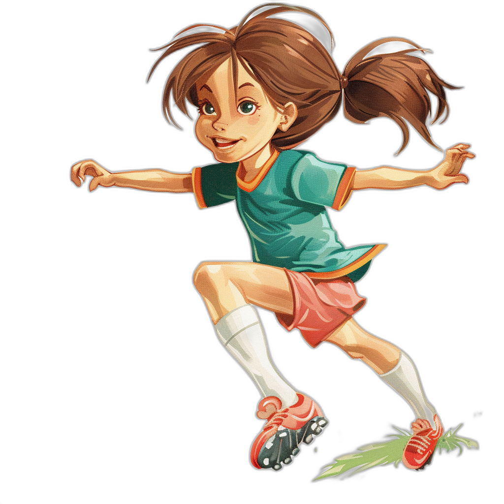 A young girl in a soccer outfit playing football with a cartoon style character design on a black background. She is wearing a green and orange shirt, pink shorts, white socks, and red shoes. Her brown hair is in a ponytail. She is running on the field with energy and excitement conveyed through her pose.