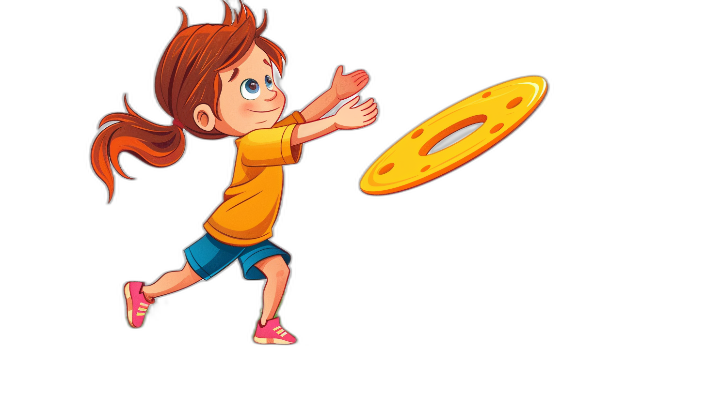 A cartoon girl is playing frisbee with a simple black background in a flat illustration style using simple lines in the vector graphics style with bright colors in a 2D animation style at a high resolution with high detail and high quality.